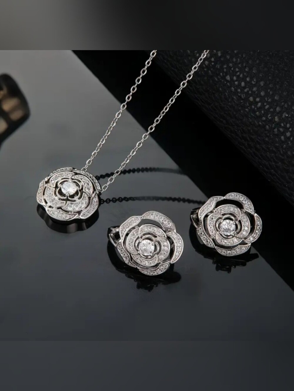 White Rhodium Camelia Pavé Necklace and Earrings Set